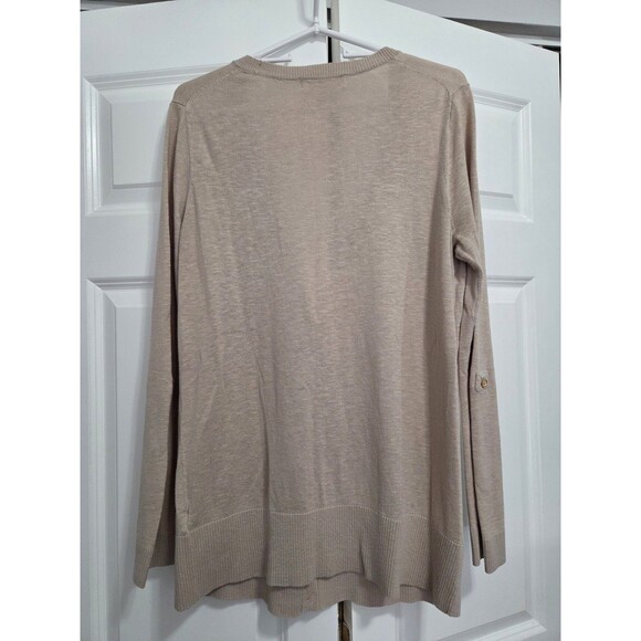 Michael Kors Beige Button Up Long Sleeve Sweater with Roll Tab Sleeves, Large - Picture 2 of 8